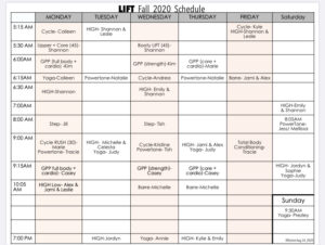 Lift at Station Park's Class Schedule for Fall 2020