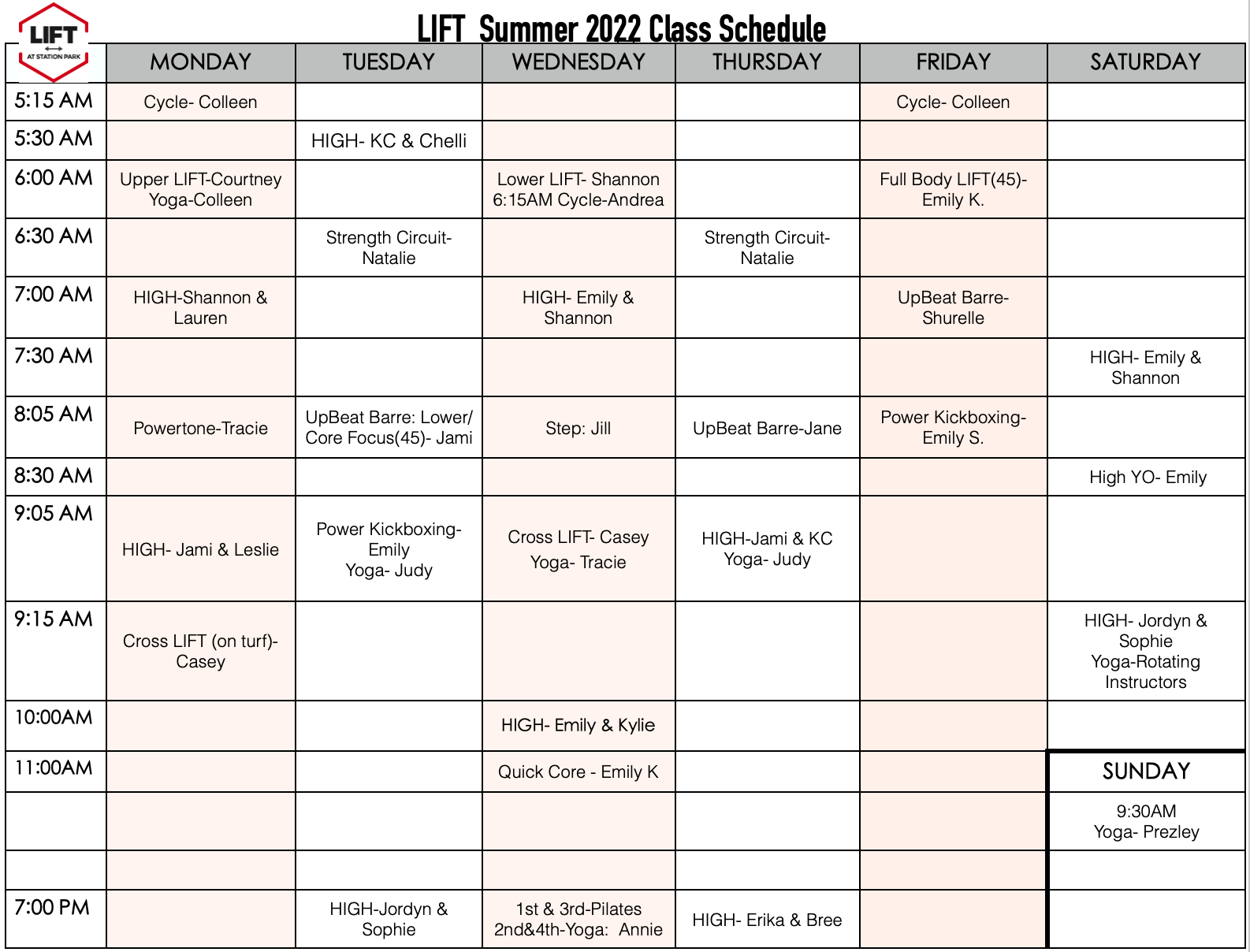 Lift at Station Park: Summer 2022 class schedule - Lift at Station ...