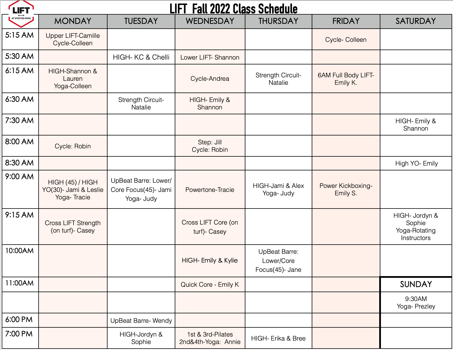 Lift at Station Park: Fall 2022 class schedule - Lift at Station ...