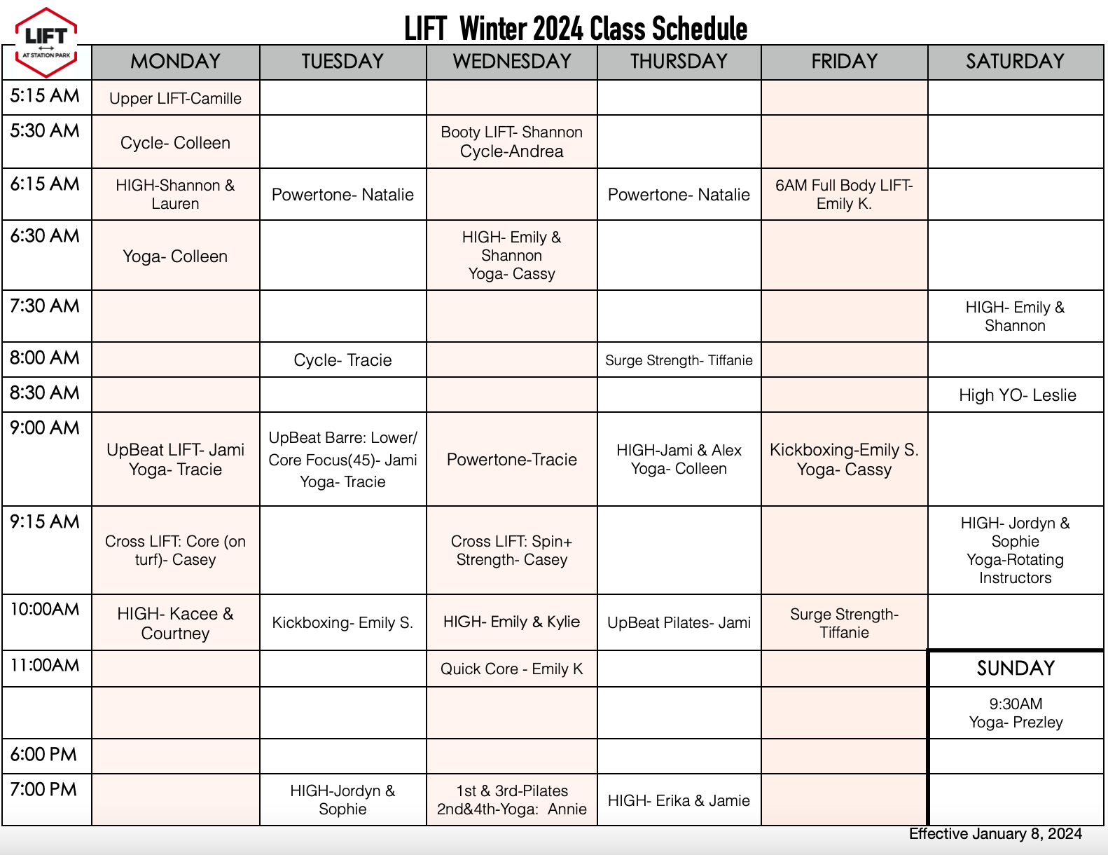 Lift at Station Park - Winter 2024 class schedule