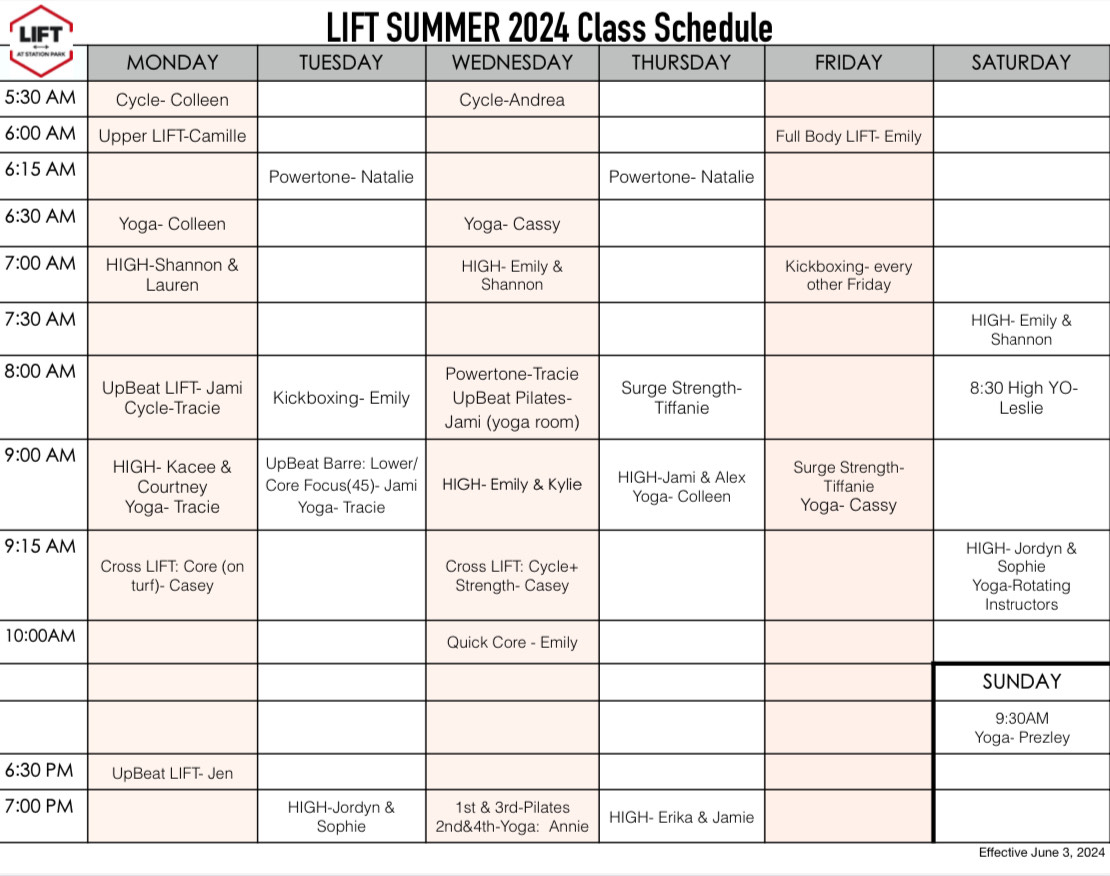 Lift at Station Park - Summer 2024 class schedule