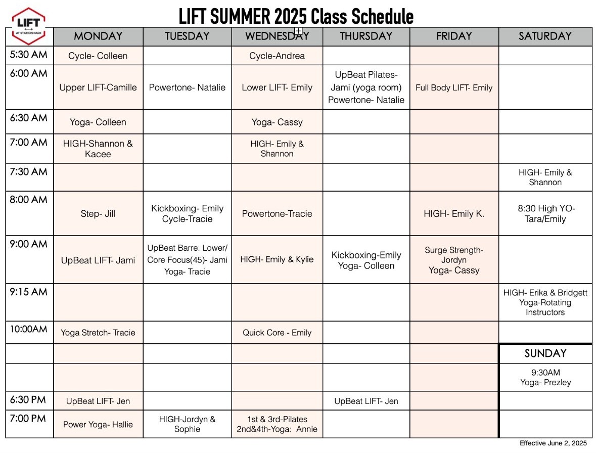 Lift at Station Park - Summer 2025 class schedule