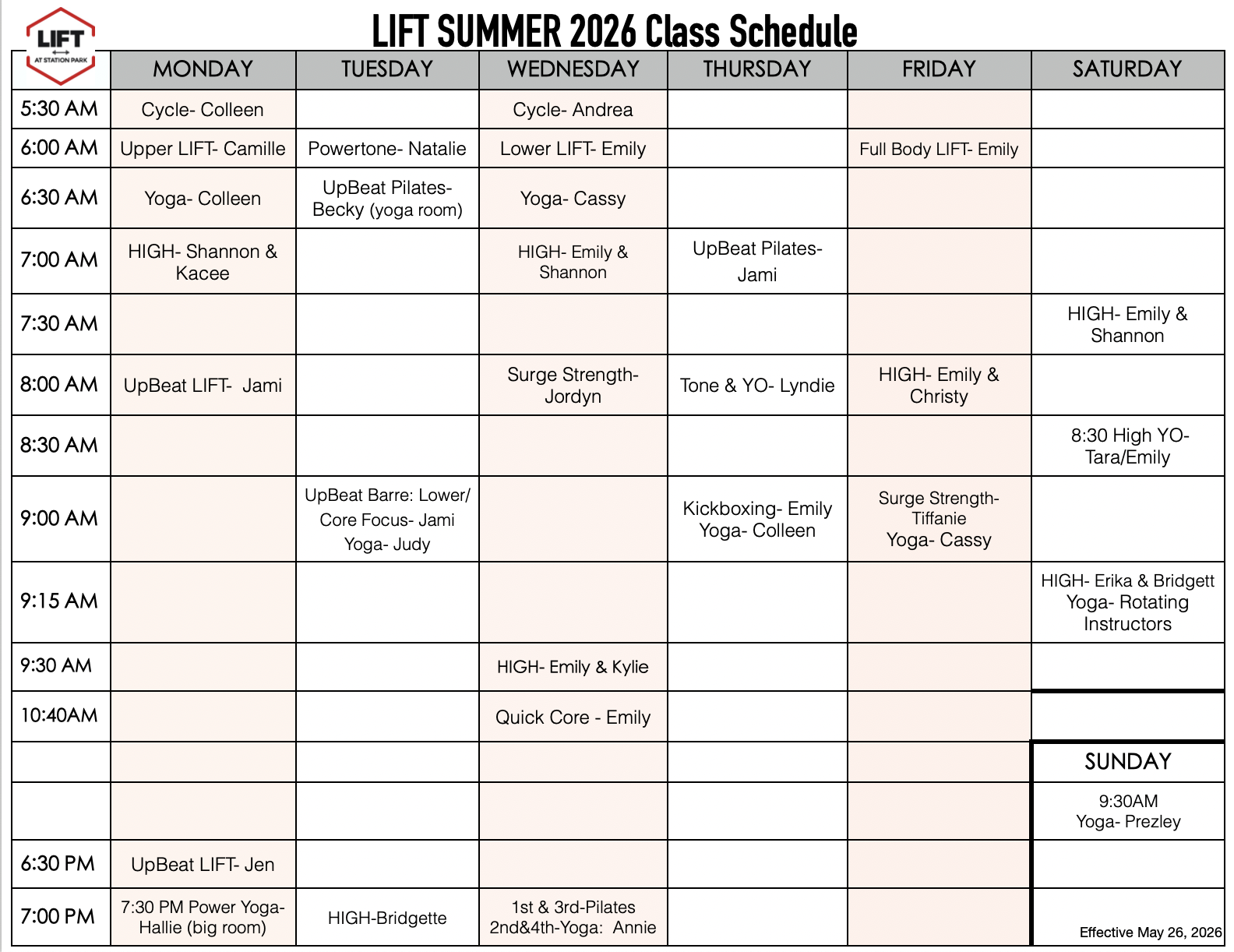Lift at Station Park - Summer Class Schedule 2026