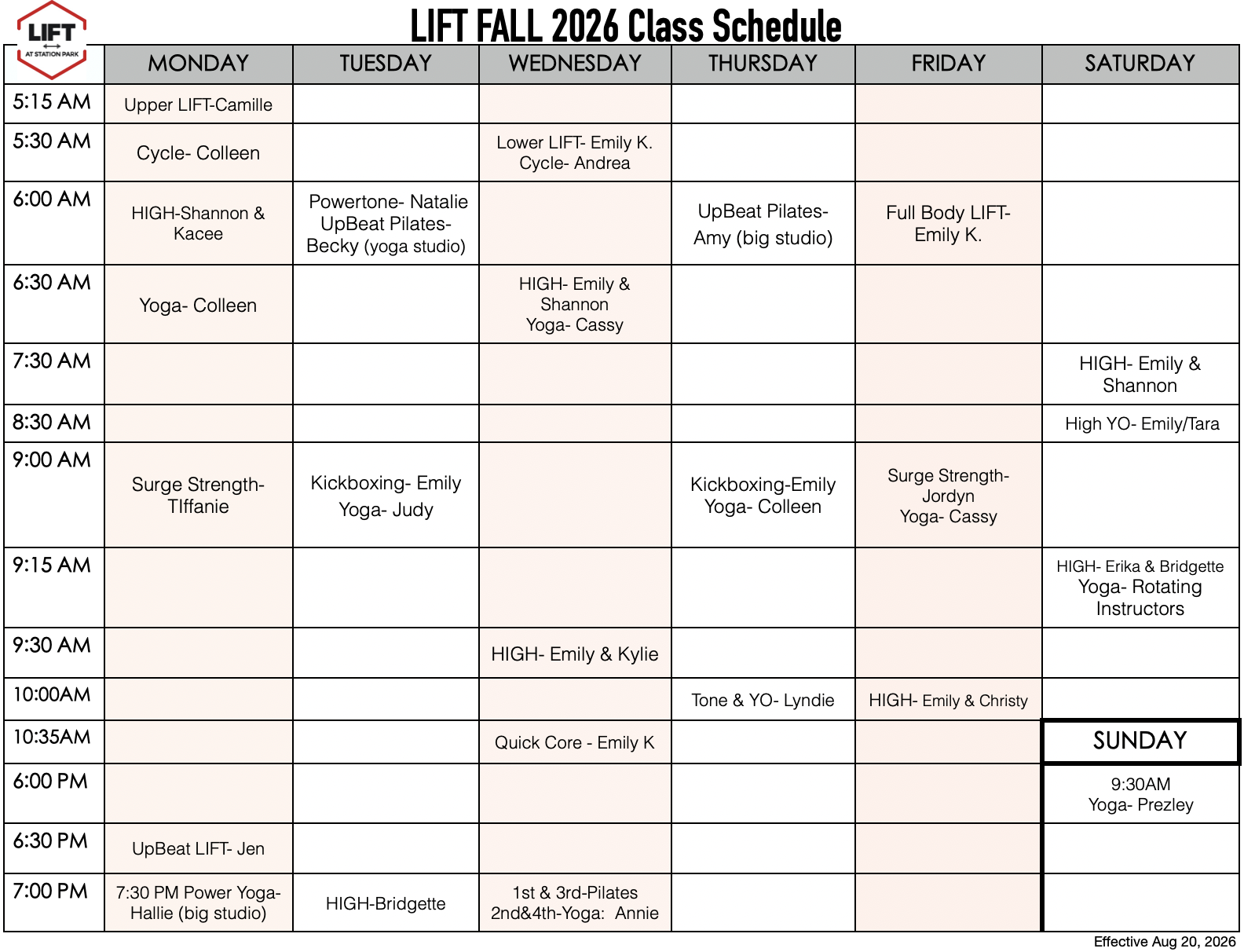 Lift at Station Park - Fall Class Schedule 2026